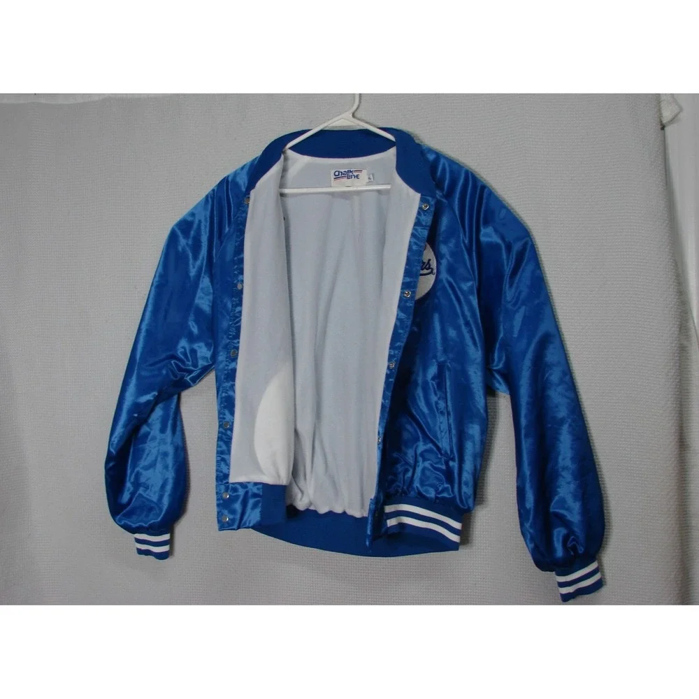 Vtg Chalk Line Los Angeles Dodgers MLB Blue Satin Snap Front Bomber Jacket Sz XL